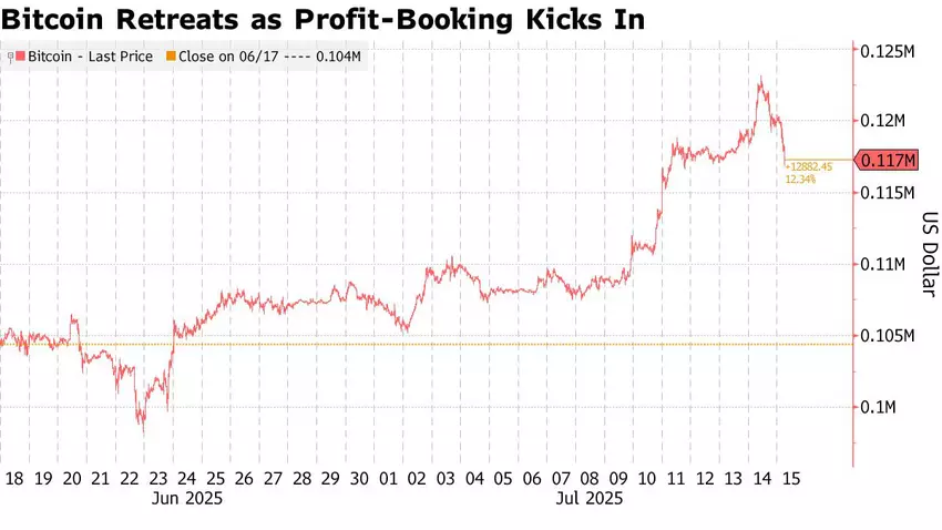 Bitcoin skorygował się do $117000 po rekordowym szczycie powyżej $123000
