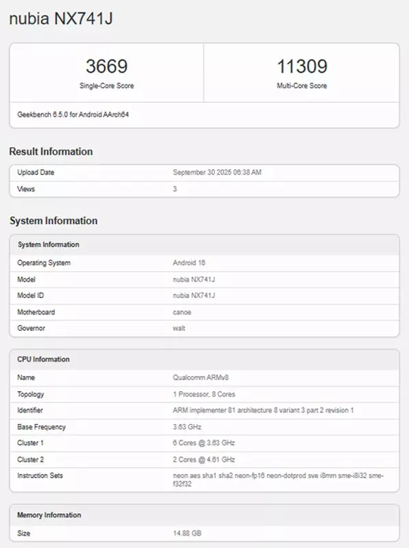 Nubia Z80 Ultra Geekbench test