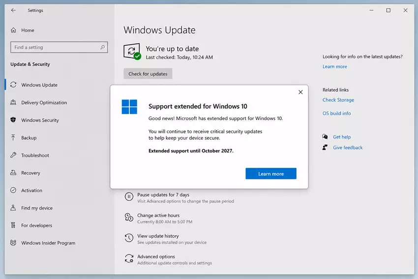 Obraz z informacją o przedłużeniu wsparcia dla Windows 10 do 2027 roku