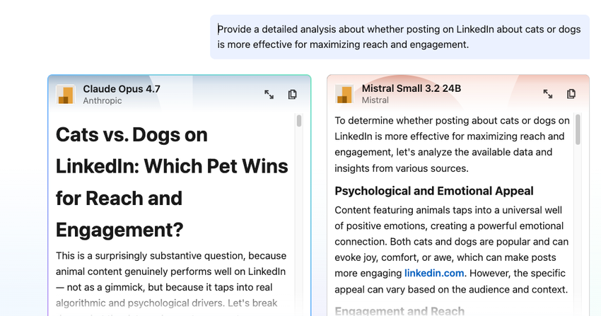 Interfejs Crosscheck na LinkedIn z porównaniem odpowiedzi dwóch modeli SI