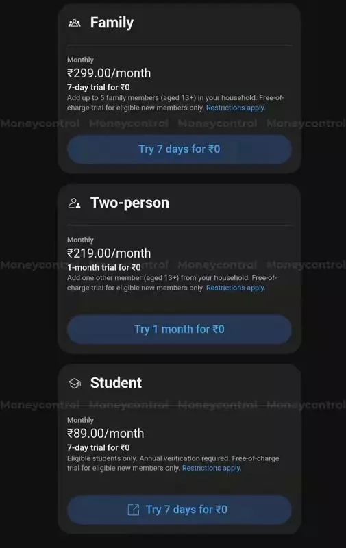 Zrzut ekranu taryf YouTube Premium