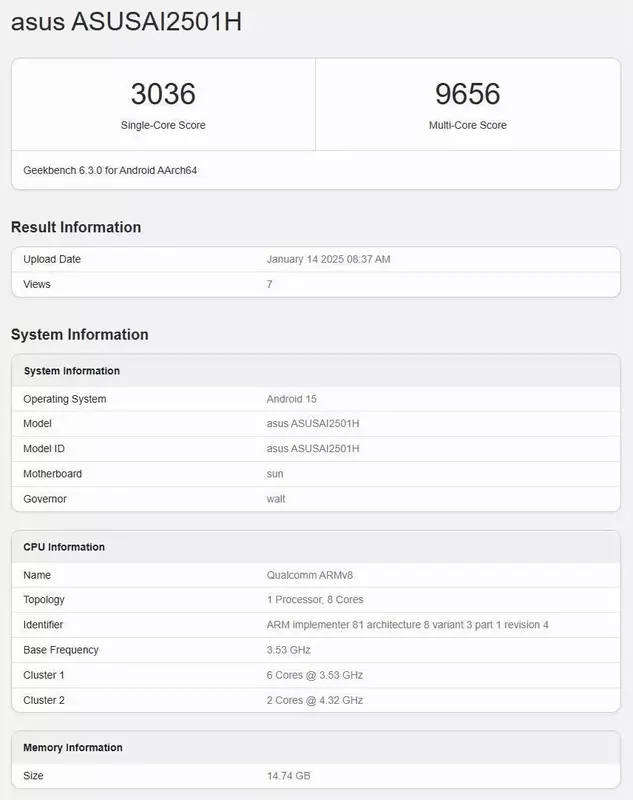 Wyniki testów Asusa Zenfone 12 Ultra. Ilustracja: Geekbench