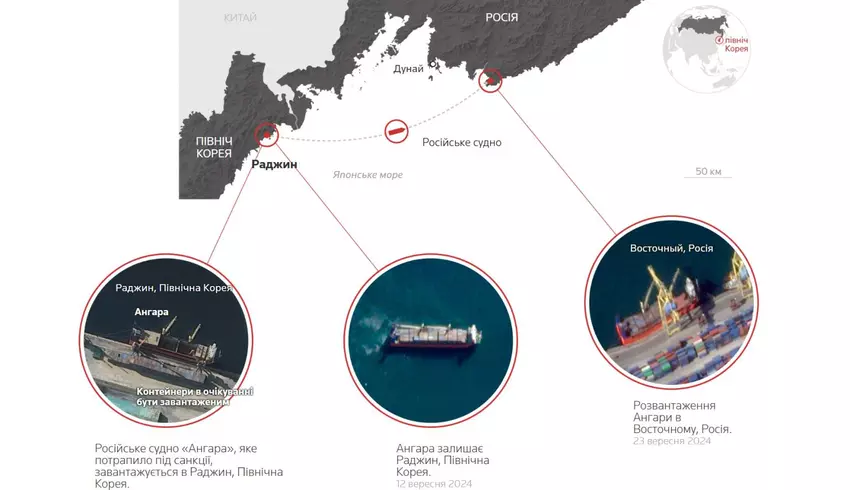 Transport amunicji z północnokoreańskiego portu Rachin do wschodnich rosyjskich portów Dunaj i Wschodni. Ilustracja: Reuters