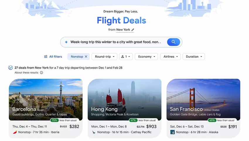 AI-wyszukiwanie "Flight Deals" od Google: powiedz, dokąd chcesz jechać – on znajdzie najkorzystniejszy lot