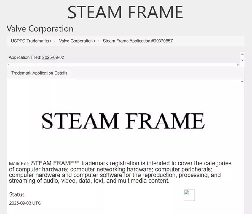 Obraz nowego znaku towarowego Steam Frame od Valve