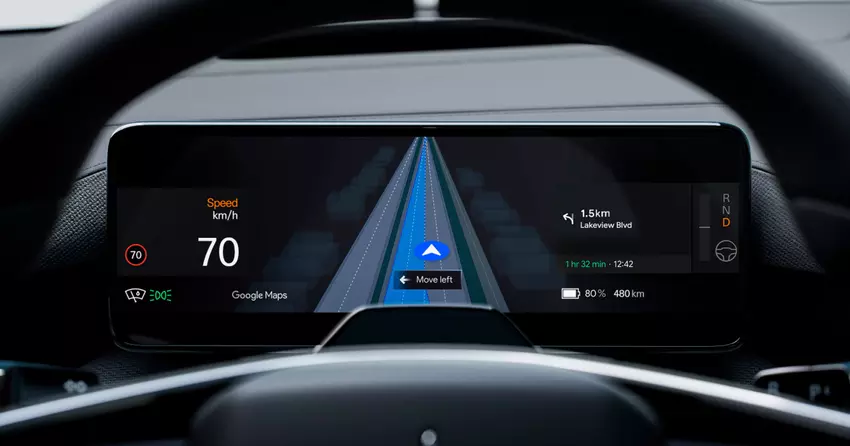 Deska rozdzielcza Polestar 4 z wyświetlaniem na żywo lane guidance Google Maps