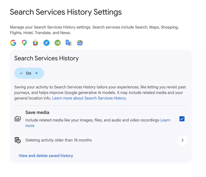 Ustawienia historii usług wyszukiwania Google
