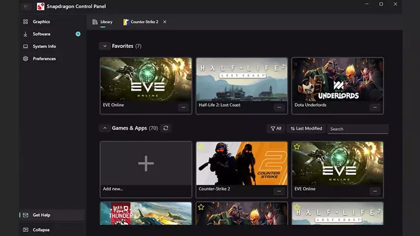 Zrzut ekranu interfejsu Snapdragon Control Panel