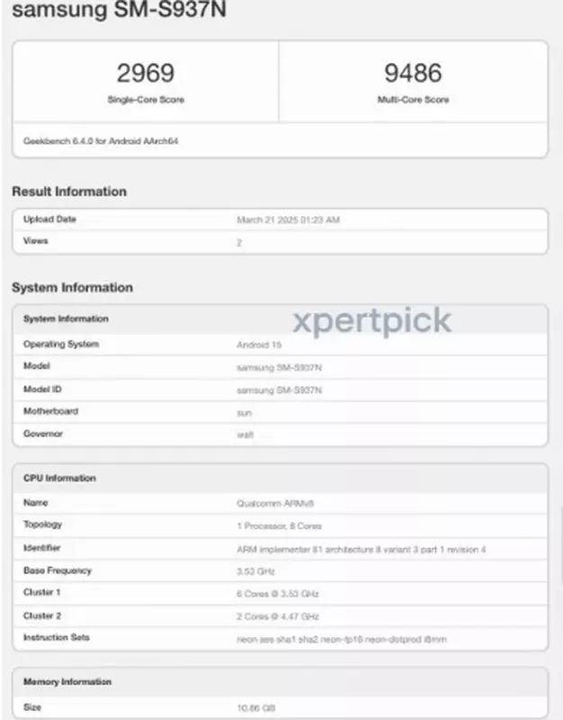 Galaxy S25 Edge w Geekbench. Ilustracja: xpertpick