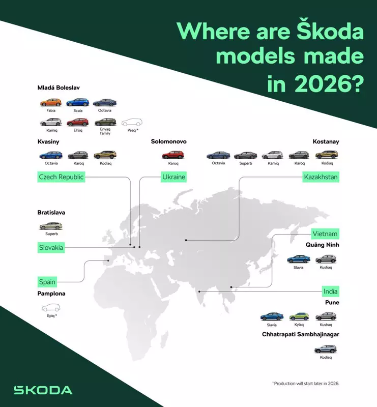Mapa produkcji samochodów Skoda w 2025 roku