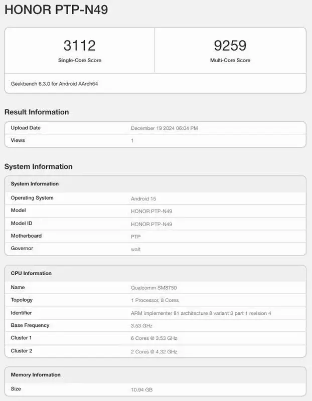 Wyniki testów wydajności HONOR Magic7 Pro. Źródło: Geekbench