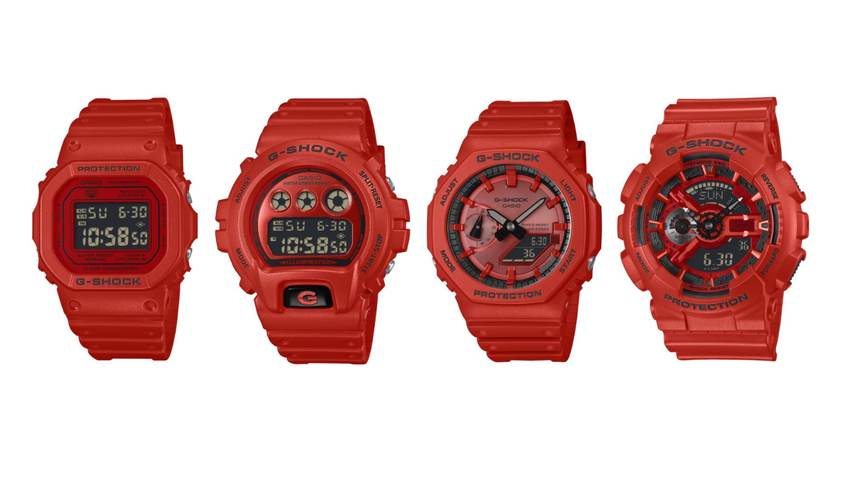 Zegarki Casio G-Shock czerwonego koloru: DW5600RRB-4, DW6900RRB-4, GA2100RRB-4A i GA110RRB-4A