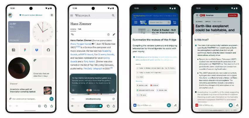 Zrzut ekranu interfejsu Comet, przeglądarki AI dla Androida