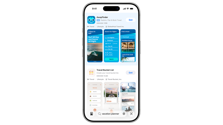 Ilustracja: aplikacja turystyczna AwayFinder w wynikach wyszukiwania App Store