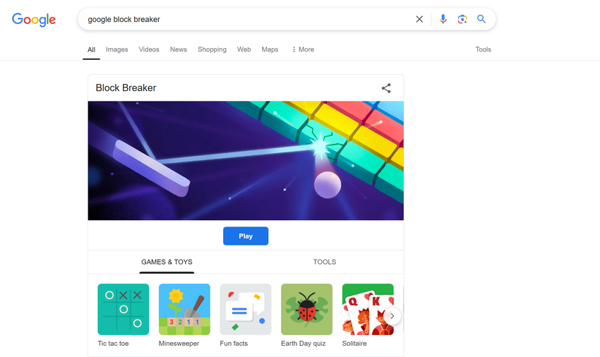 "Breakout" w wyszukiwarce:  Google dodało nową grę do swojej wyszukiwarki - "Block Breaker"