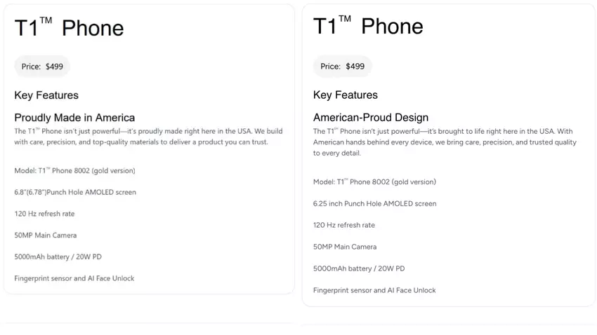 Stary i nowy opis smartfona T1 Phone