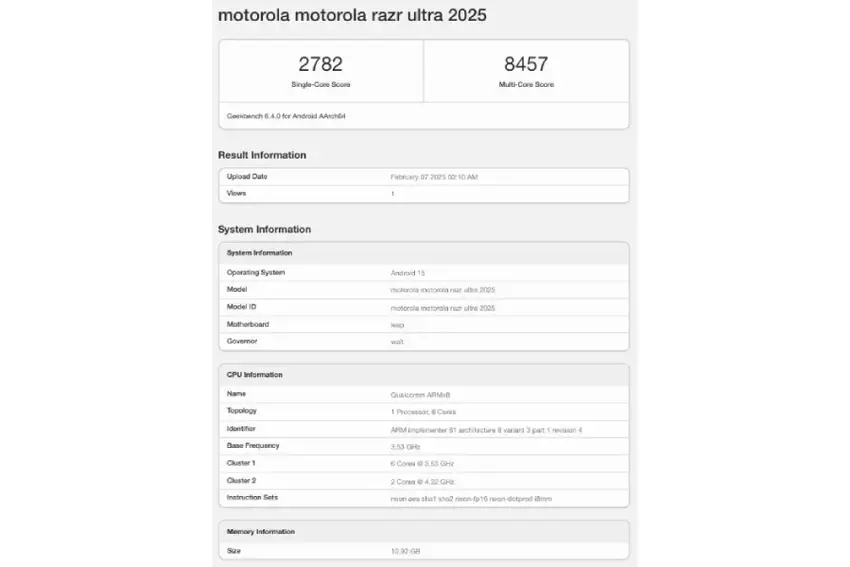 Motorola Razr Ultra 2025 z kodu Geekbench