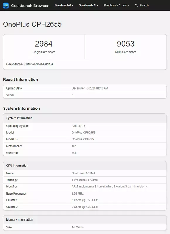 Wyniki testów wydajności OnePlus 13 na platformie GeekBench