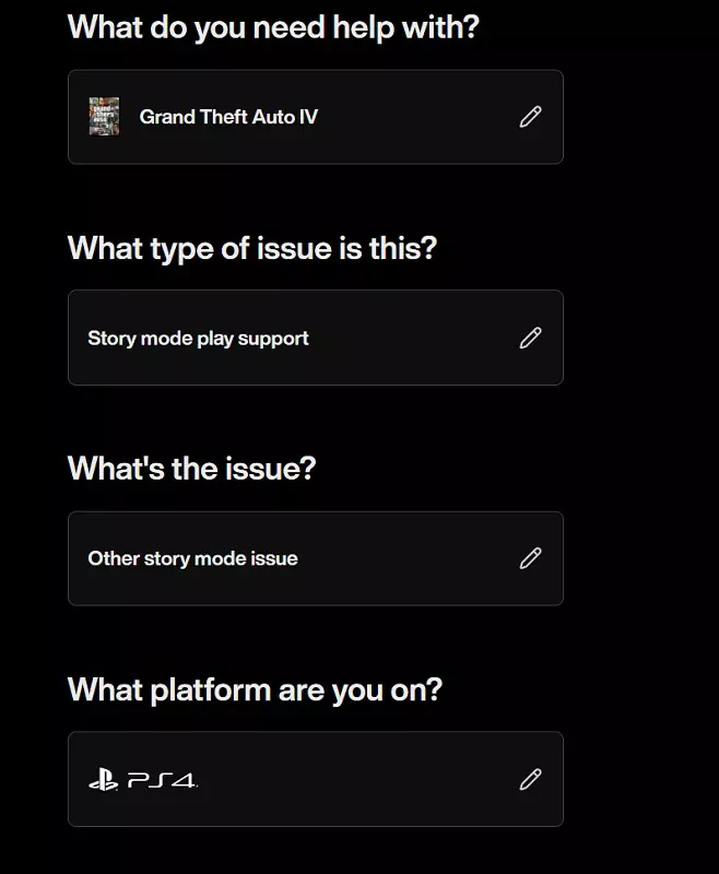Zrzut ekranu strony wsparcia Rockstar Games, pokazujący PS4 jako platformę dla GTA IV