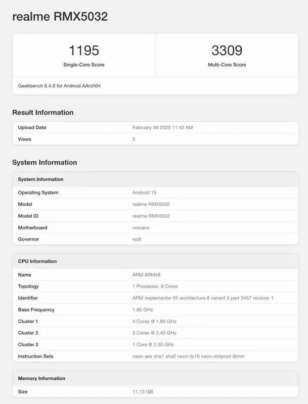 Wyniki testów wydajności Realme P3 Pro w Geekbench