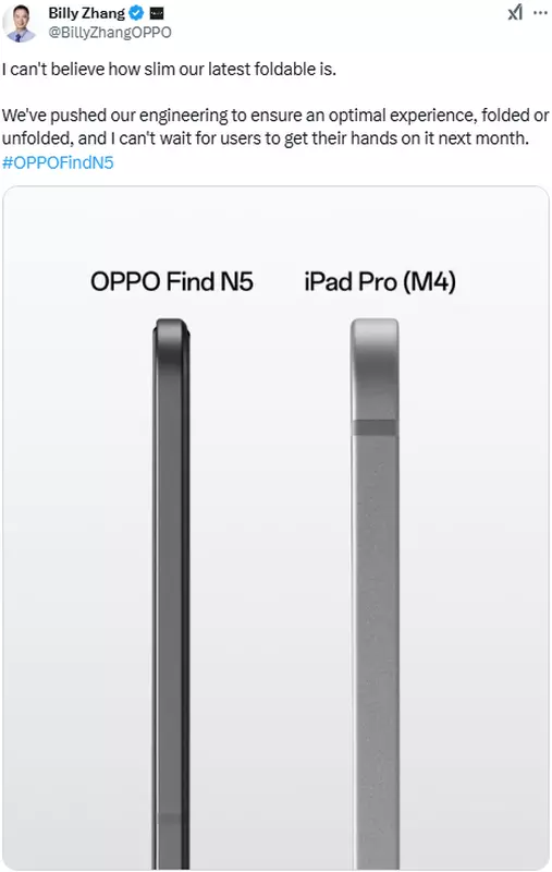 Oppo Find N5 jest cieńszy niż iPad Pro M4