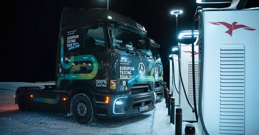 Europejska trasa eActros 600 po zimowych drogach. Zdjęcie: Daimler Truck