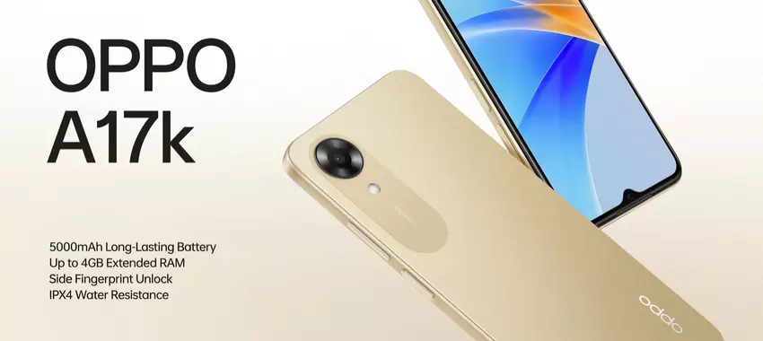 OPPO A17k: układ MediaTek Helio G35, bateria 5000 mAh, ochrona IPX4 i boczny skaner linii papilarnych za 126 dolarów