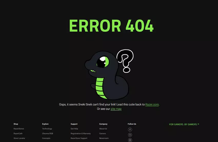 Zrzut ekranu powiadomienia o błędzie 404 na stronie Razer