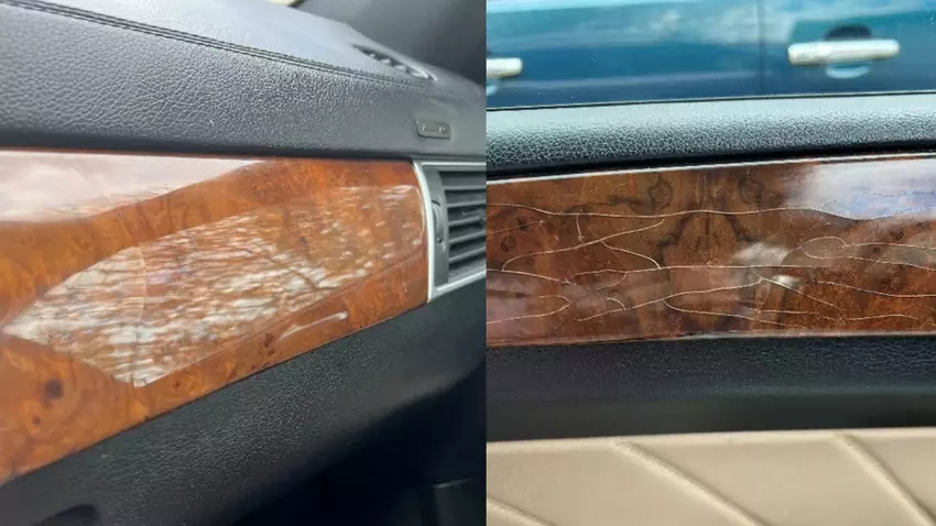 Przykłady wady drewnianego wykończenia wnętrza samochodów Mercedes-Benz