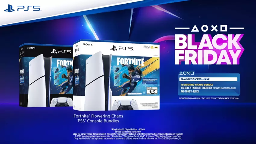 Ilustracja konsoli PlayStation 5 z zestawem Fortnite na Black Friday 2025