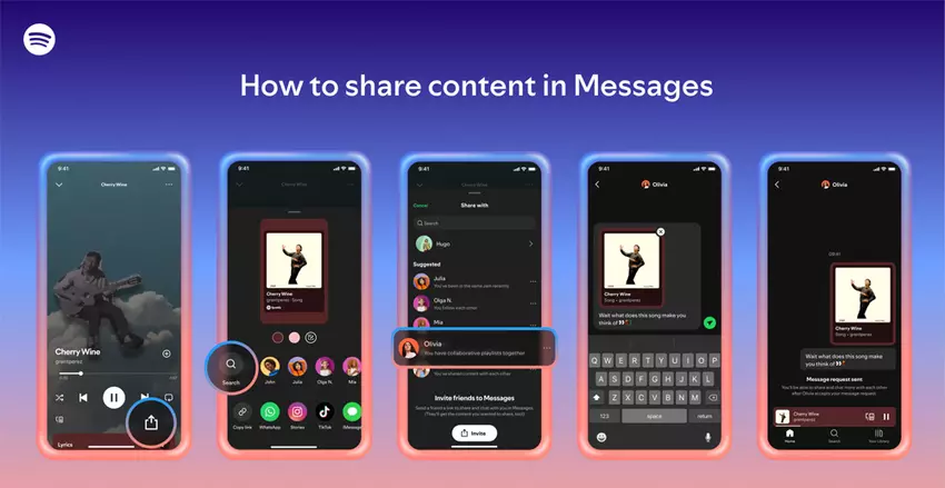 Jak dzielić się treściami w wiadomościach. Ilustracja: Spotify