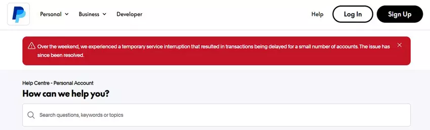 Ostrzegawczy baner na stronie wsparcia usługi płatniczej