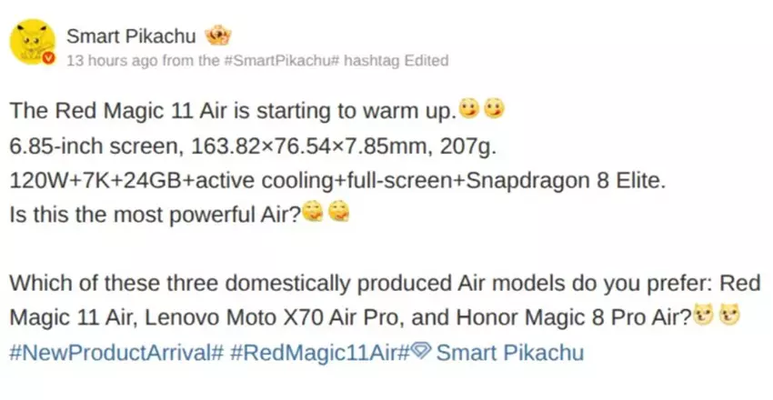 Przeciek specyfikacji RedMagic 11 Air od Smart Pikachu