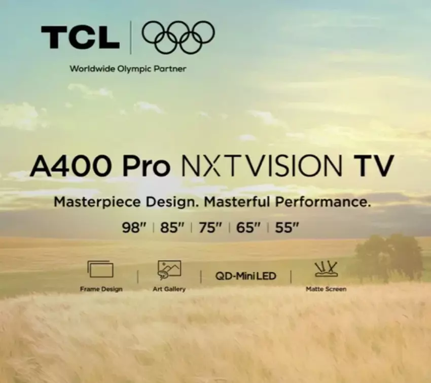 Telewizor TCL A400 Pro o teksturze jasnego orzecha
