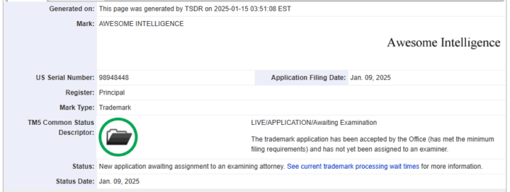 Zrzut ekranu znaku towarowego "Awesome Intelligence" w USA