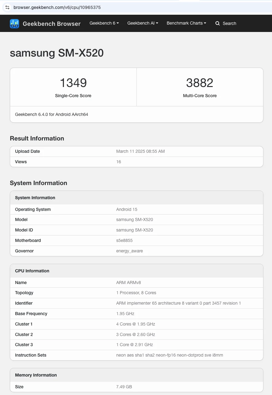 Wydajność Galaxy Tab S10 FE Wyniki wydajności Galaxy Tab S10 FE w teście porównawczym Geekbench
